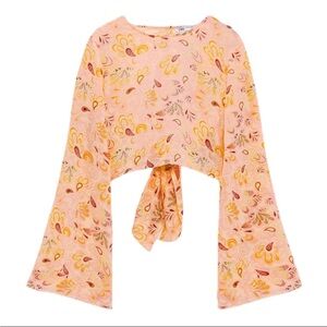 Zara Pink Paisley Long Bell Sleeve Crop Top Size Small